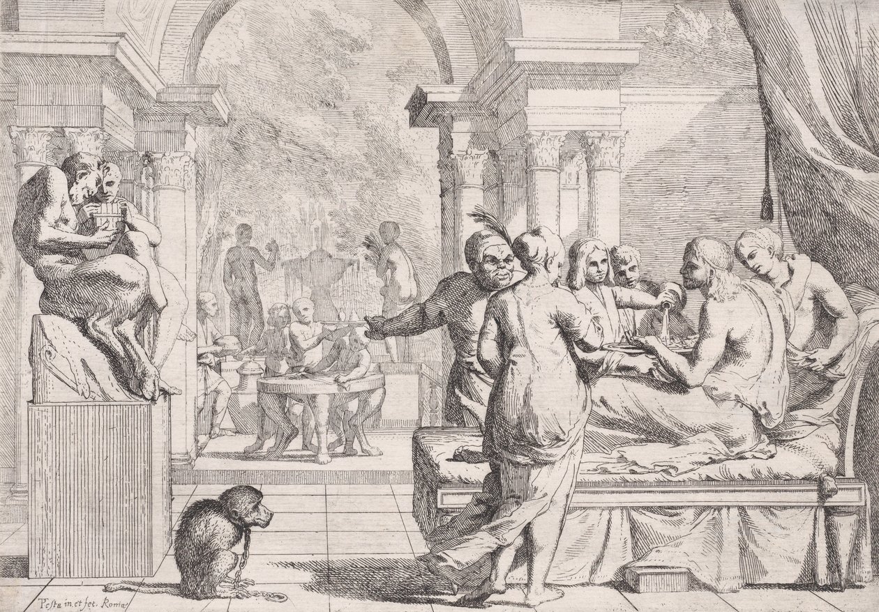 Marnotratný syn sedí na pohovce a podává víno, v pozadí veselí, mo..., ca. 1645. od Pietro Testa