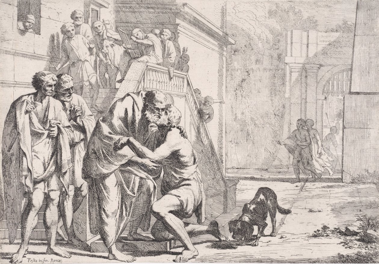 Návrat marnotratného syna, otec objímající svého syna, ze série,..., ca. 1645. od Pietro Testa