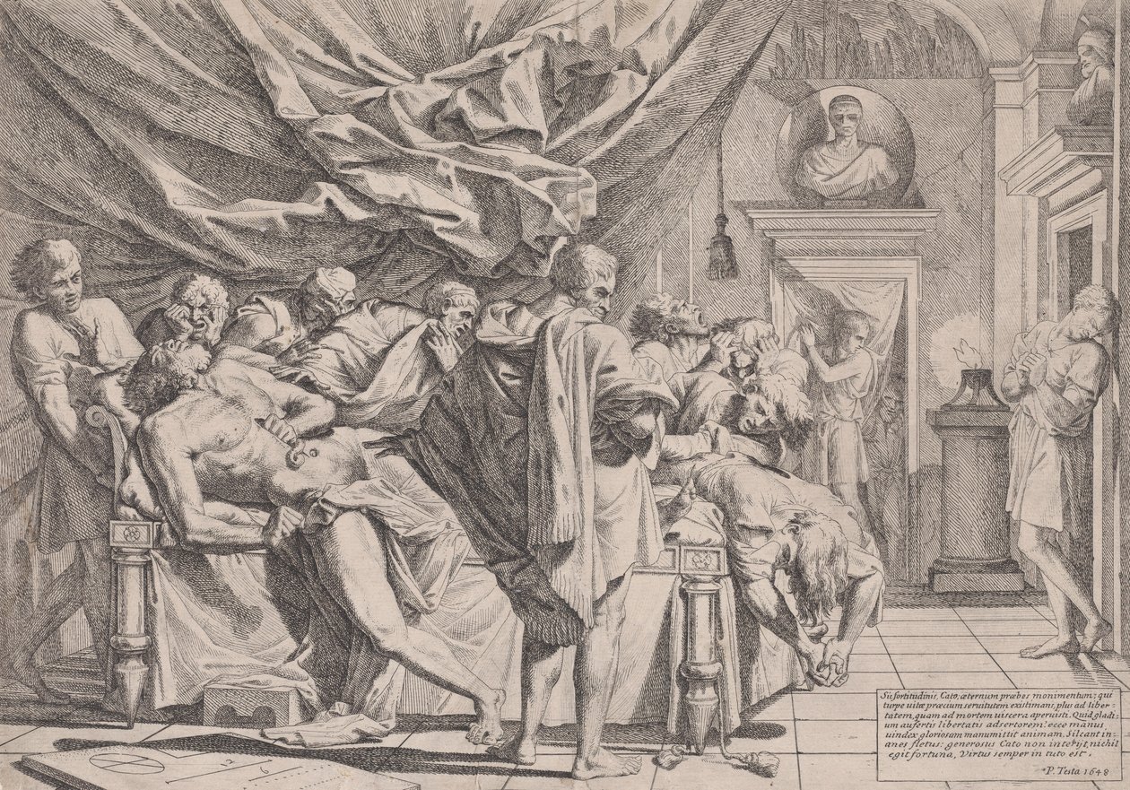 Sebevražda filozofa Cata, který leží na posteli a vytahuje si vnitřnosti, sledoval b..., 1648. od Pietro Testa