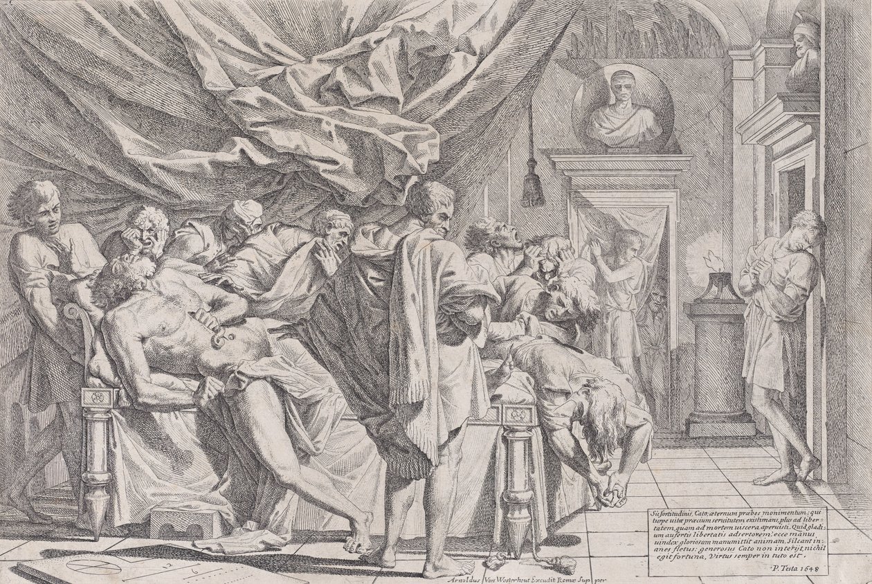 Sebevražda filozofa Cata, který leží na posteli a vytahuje si vnitřnosti, sledoval b..., 1648. od Pietro Testa