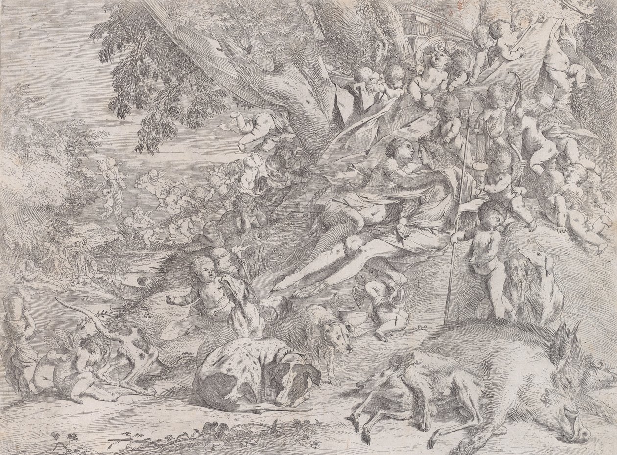 Venuše a Adonis, obklopeni mnoha putti, ležící po lovu, s mrtvým kancem ..., 1631-37. od Pietro Testa