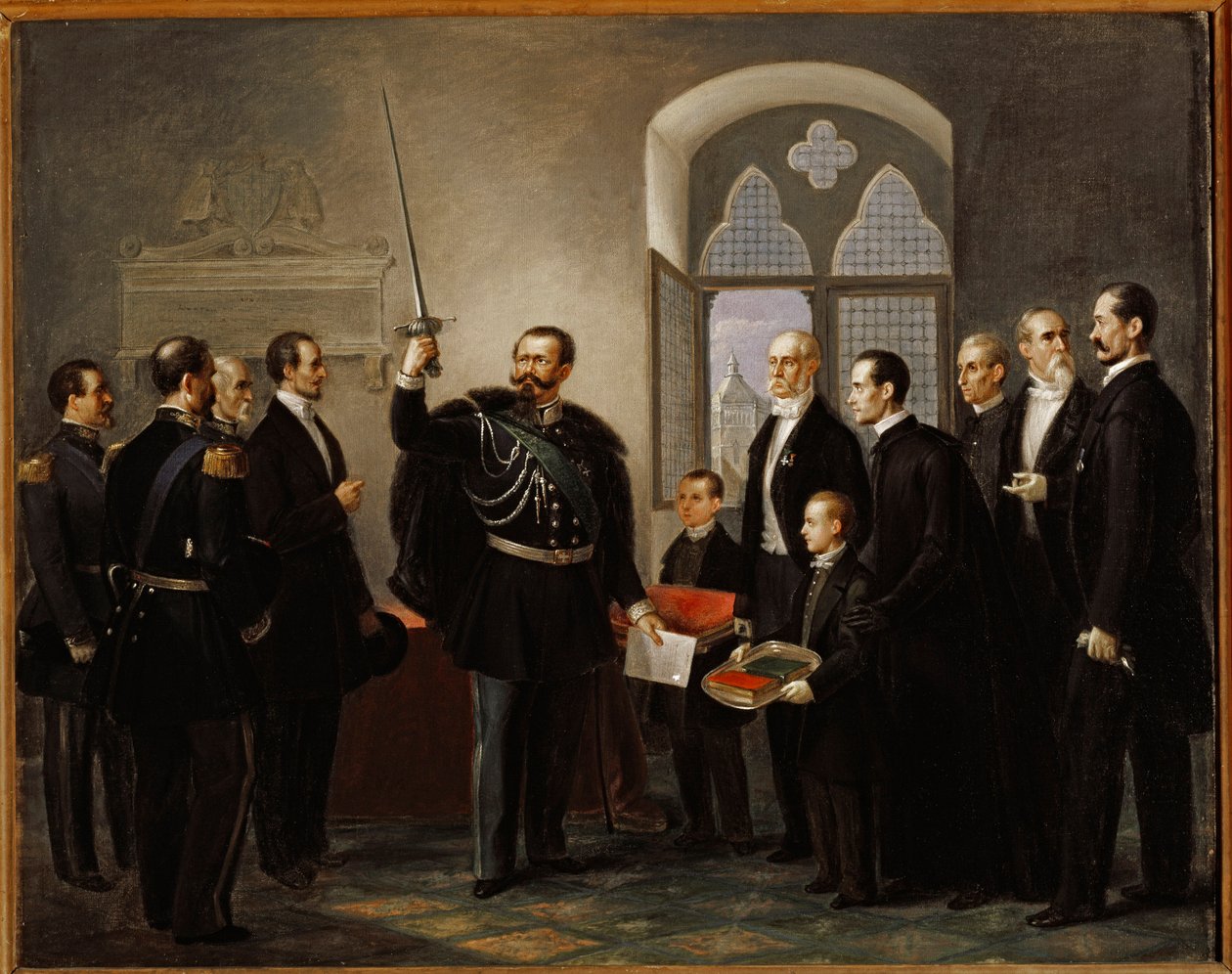 Vittorio Emanuele II. Savojský, v Pistoia, mávající mečem gibelínského kondotiéra Castracaniho od Pietro Ulivi