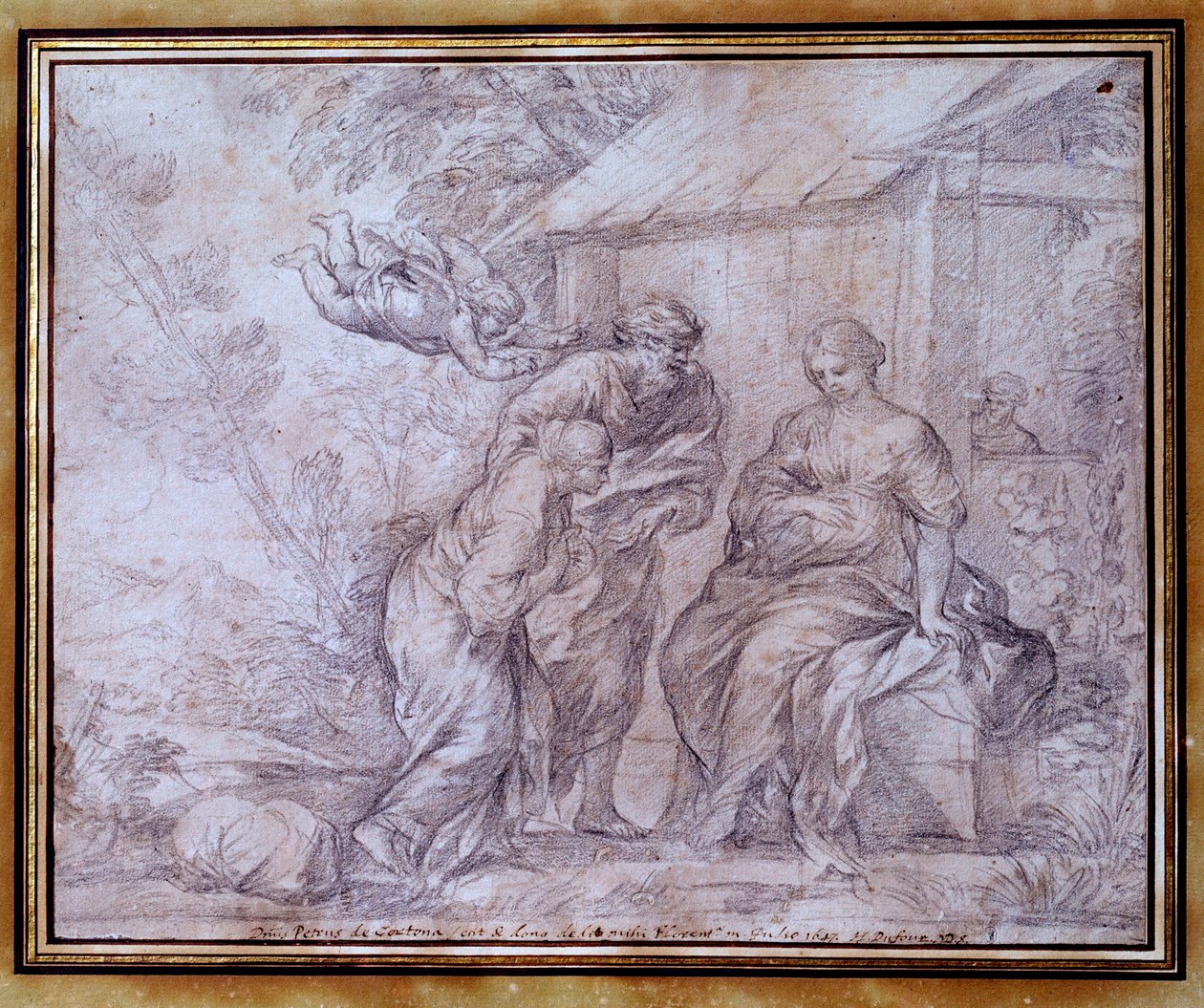Návrat Agara Agara, egyptského otroka Sáry, Abrahamovy manželky. Kresba černou tužkou od Pietra Berrettiniho známého jako Pierre de Cortona nebo Pietro da Cortona (1596-1669). 17. století. Ztlumit. 0,27x0,33 m. muzeum Louvre od Pietro da Cortona