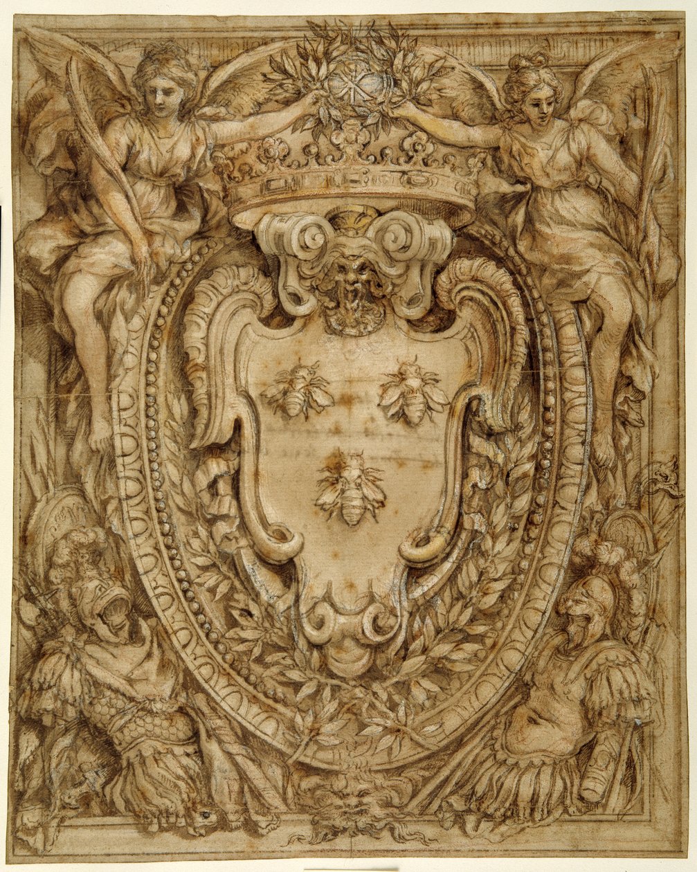 Arms of Don Taddeo Barberini, Principe di Palestrina (pero a inkoust s mytím a kvašem na papíře) od Pietro da Cortona