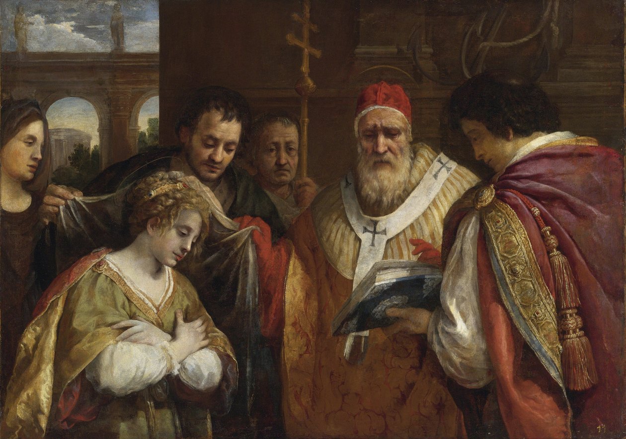 Flavia Domitilla (zemřela po roce 95) přebírající závoj od papeže Klementa I. - Svatá Domitilla přebírající závoj od papeže Klementa I. Cortona, Pietro da (1596-1669). Olej na plátně, rozměr: 123x172,7, , Soukromá sbírka od Pietro da Cortona