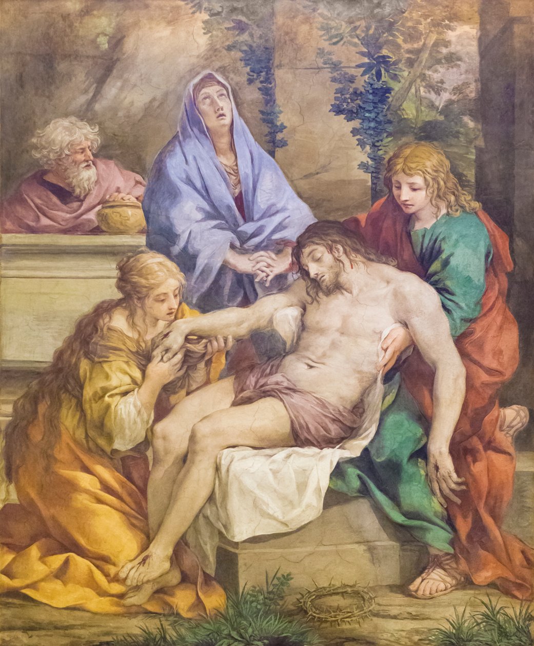 Pieta s Madonou, Svatý Jan Křtitel, Svatá Máří Magdalena a Nikodém (freska) od Pietro da (1596 1669) Cortona