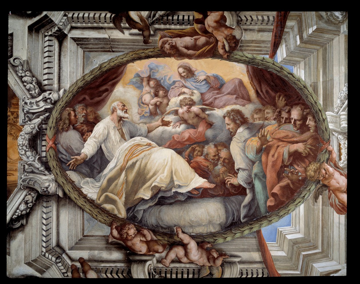 Navrácení sv. Filipa po zjevení panenské Fresky z doprovodu Pietro da Cortona (Petr z Cortony) (1596-1669) 1652 Řím, červený pokoj Kostel Santa Maria in Vallicella Itálie od Pietro da Cortona