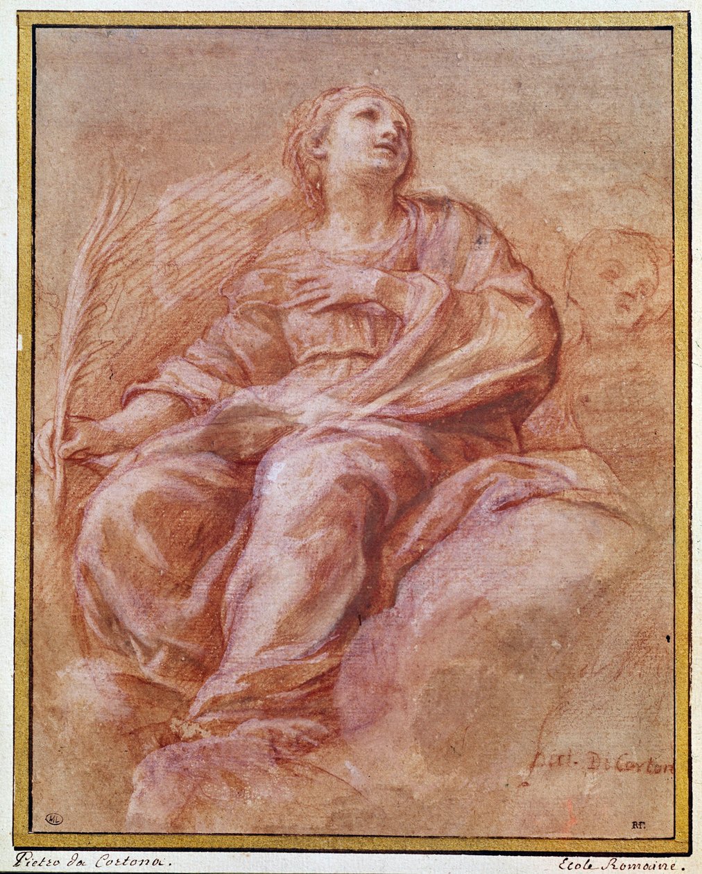 Reprezentace Saint Firmine sedí na oblacích. Kresba tužkou od Pietra Berrettiniho známého jako Pierre de Cortona nebo Pietro da Cortona (1596-1669). 1647. Rozm. 0,26x0,22 m. Paříž, muzeum Louvre, kreslířská firma od Pietro da Cortona