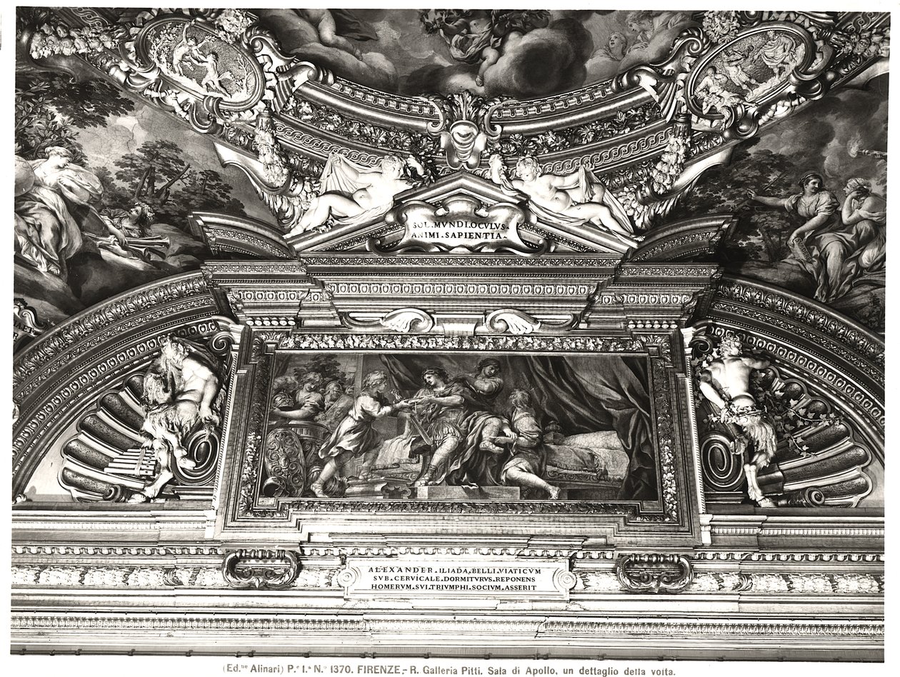 Detail stropní výzdoby „Sala di Apollo“ (Apollónův sál) zobrazující Alexandra při čtení Homéra (freska) (černobílá fotografie) od Pietro da Cortona