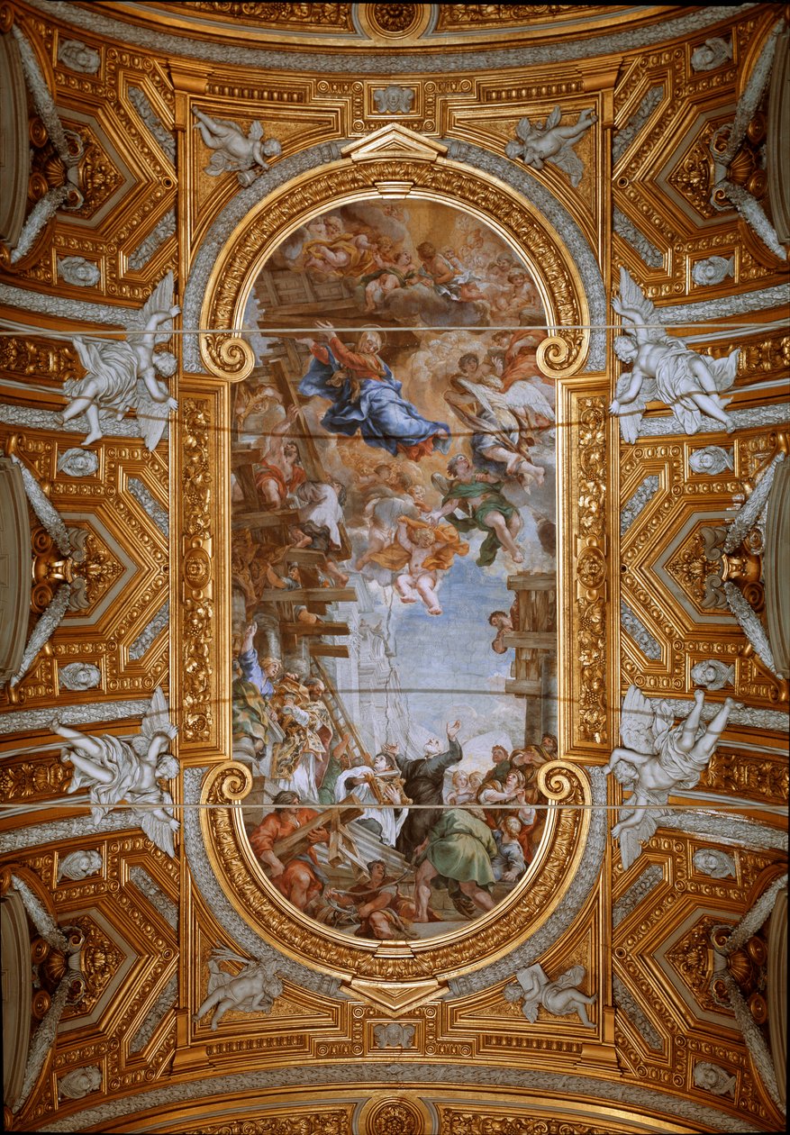 Panna se zjevuje svatému Filipu Nerimu (Filippo Neri) při stavbě kostela Pohled na fresky klenby od Petra z Cortony (Pietro da Cortona) (1596-1669) (Zázrak Madony della Vallicella od Pietra da Cortona, nástropní freska od Pietro da Cortona