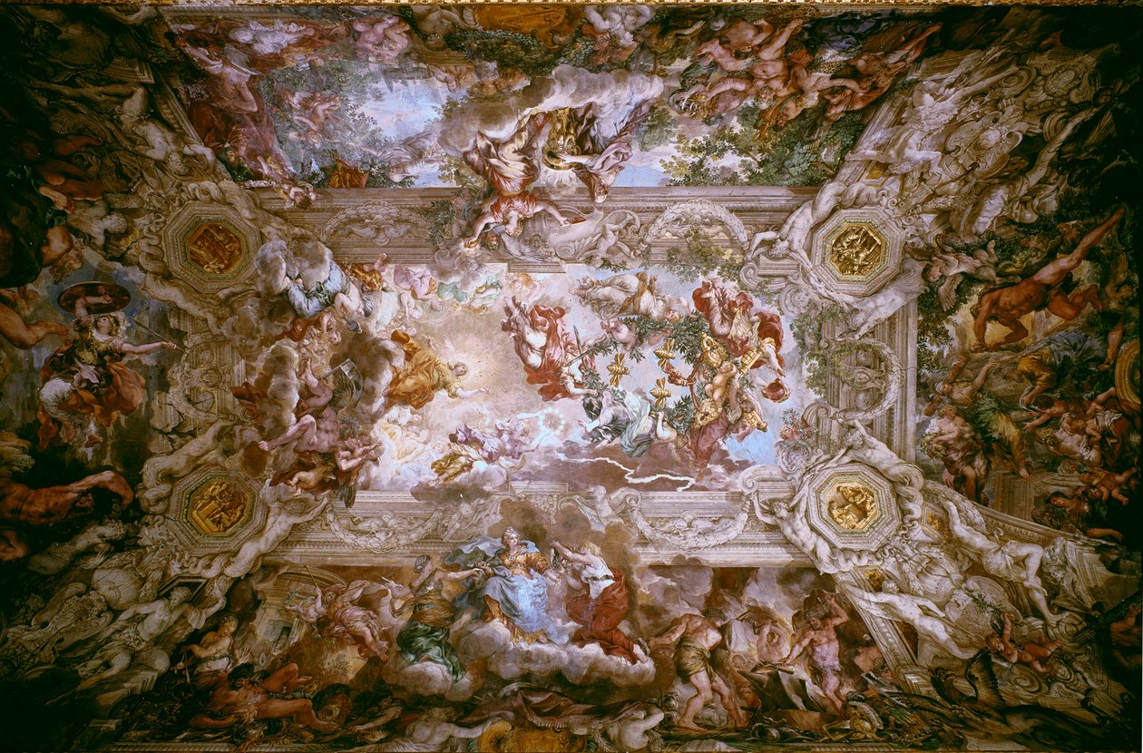 Sláva Barberini: „Triumf boží prozřetelnosti“ Alegorie prozřetelnosti a božské moci rodu Barberini (papež Urban VIII). Freska od Stone of Cortona (Pietro Berrettini dit Pietro da Cortona (1596-1669) zdobící strop Barb od Pietro da Cortona