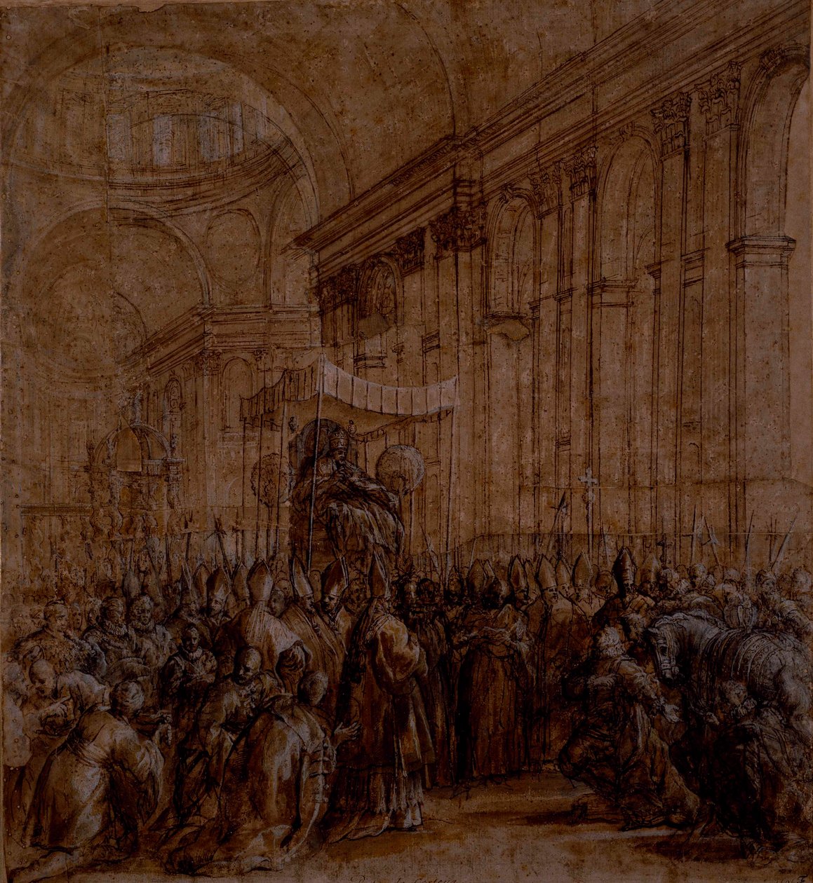 Urban VIII nesl loď sv. Petra (pero a hnědý inkoust s barvou těla na papíře) od Pietro da Cortona