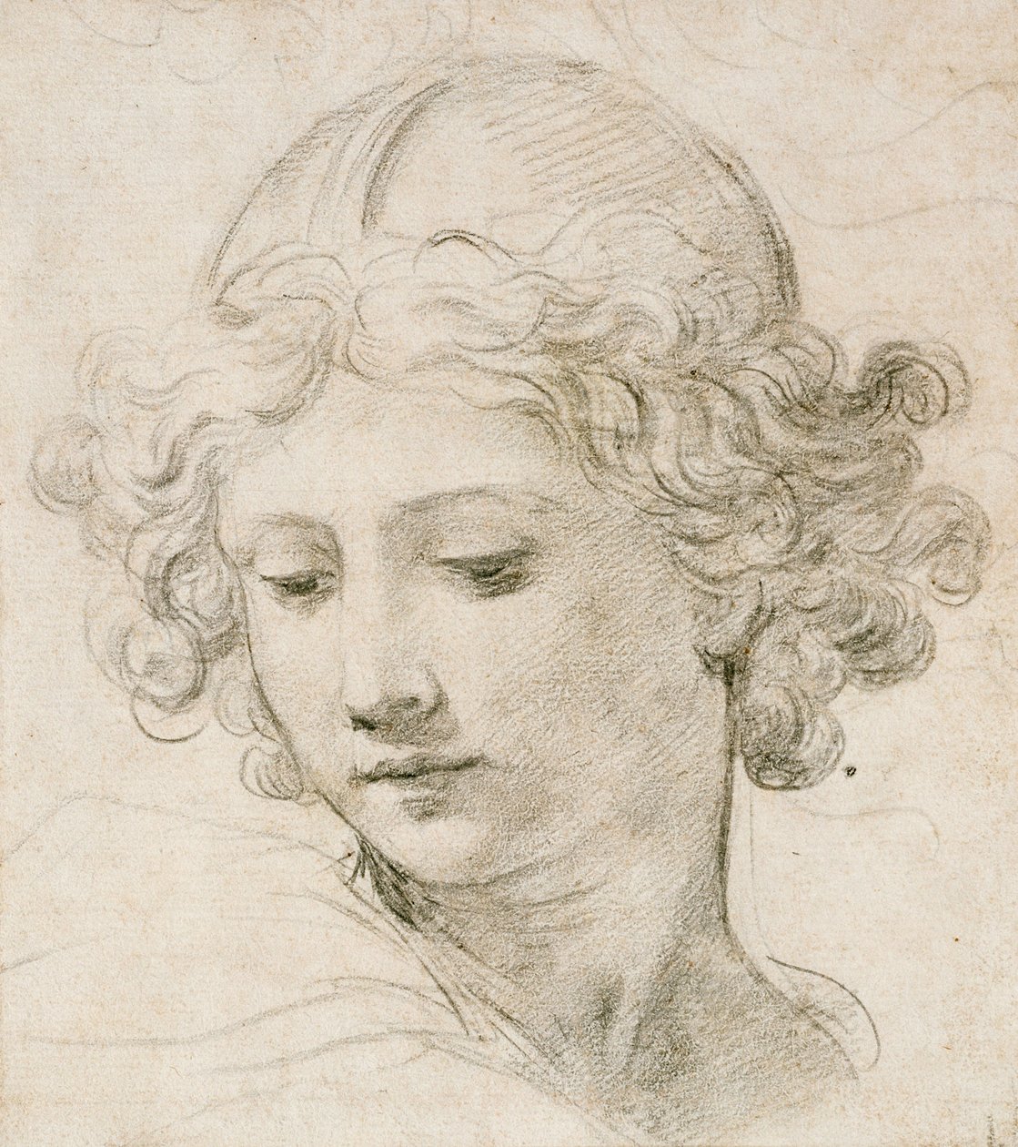 Hlava anděla, dívá se dolů doleva od Pietro da Cortona