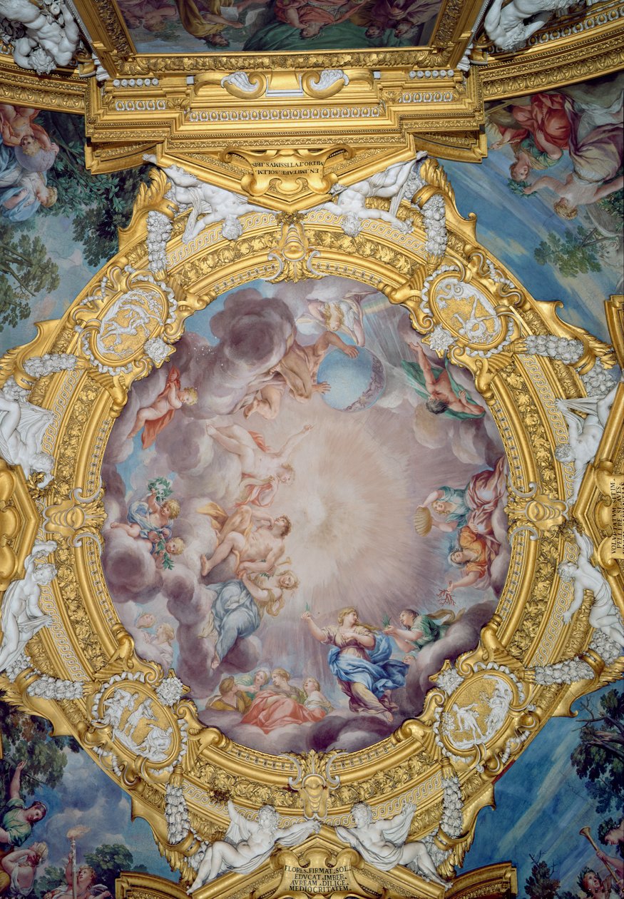 Sala di Apollo Hall of Apollo detail stropní výzdoby zobrazující Cosima I. deMedici 1519-74 prezentovaného Apollónovi, freska kolem roku 1647 od Pietro da Cortona