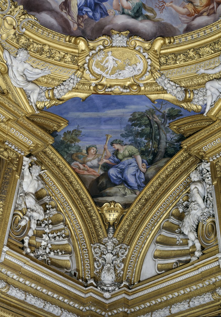 Sala di Apollo Hall of Apollo detail pendantu zobrazující múzy Thalia a Clio, freska kolem roku 1647 od Pietro da Cortona