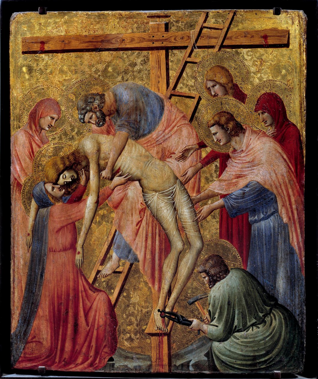 Pieta. „“Uložení nebo sestoupení kříže““ Oltářní obraz od Pietra da Rimini (1. polovina 14. století) Slunce. 0,43 x 0,35 m. od Pietro da Rimini
