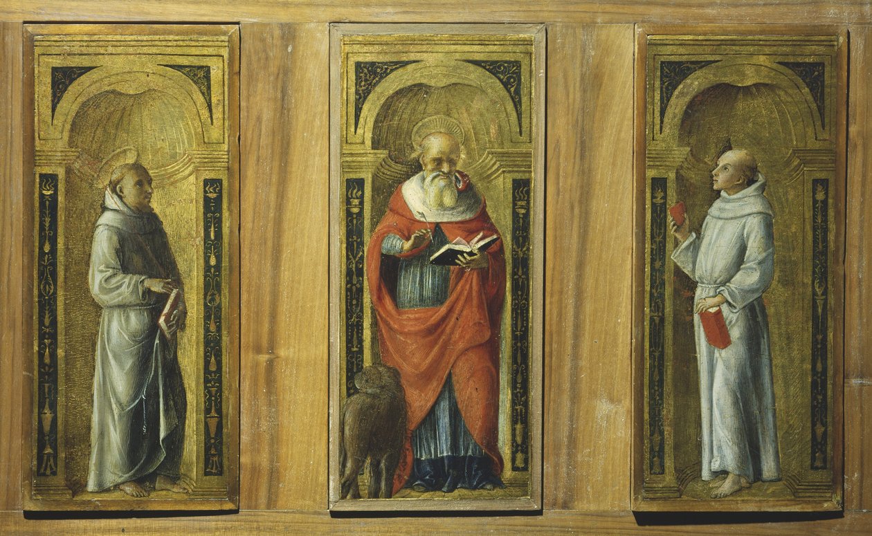 Tři panely – Svatý František, Svatý Jeroným a Svatý Antonín Paduánský, kolem roku 1480 (tempera na panelu) od Pietro di Francesco degli (circle of) Orioli