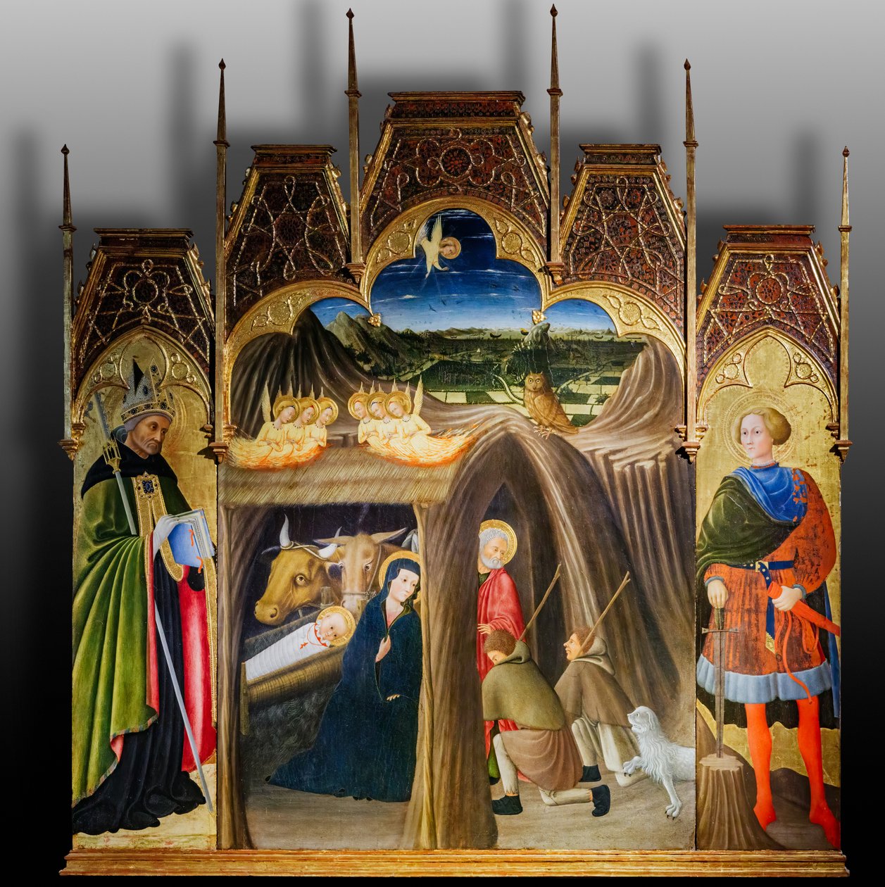 Klanění pastýřů mezi svatými Galganem a Augustinem, první polovina 15. století (tempera na desce) od Pietro di Giovanni da Ambrogio