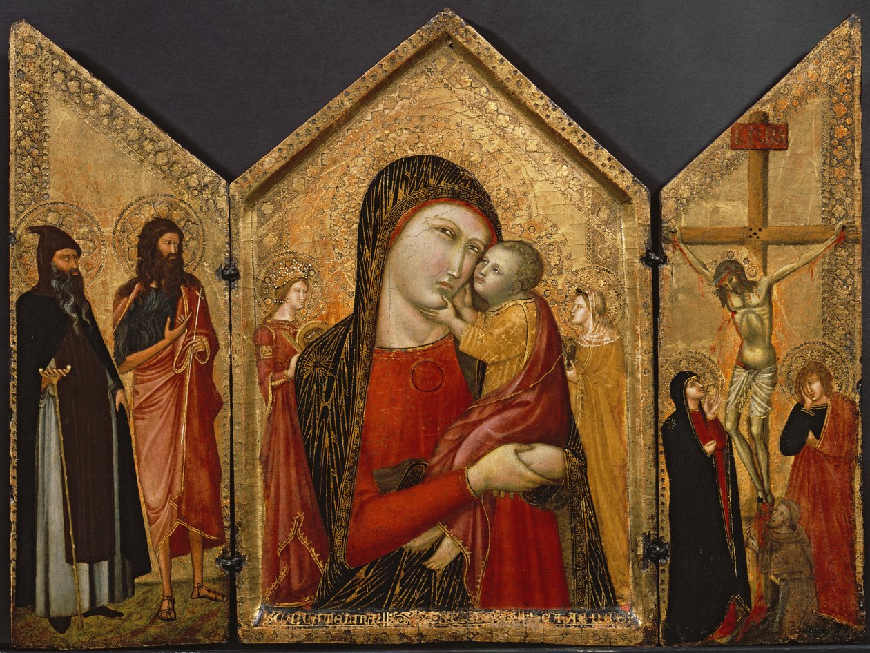 Madona s dítětem, ukřižování a svatí, kolem 1340-1370 (tempera a plátkové zlato na panelu) od Pietro follower of Lorenzetti