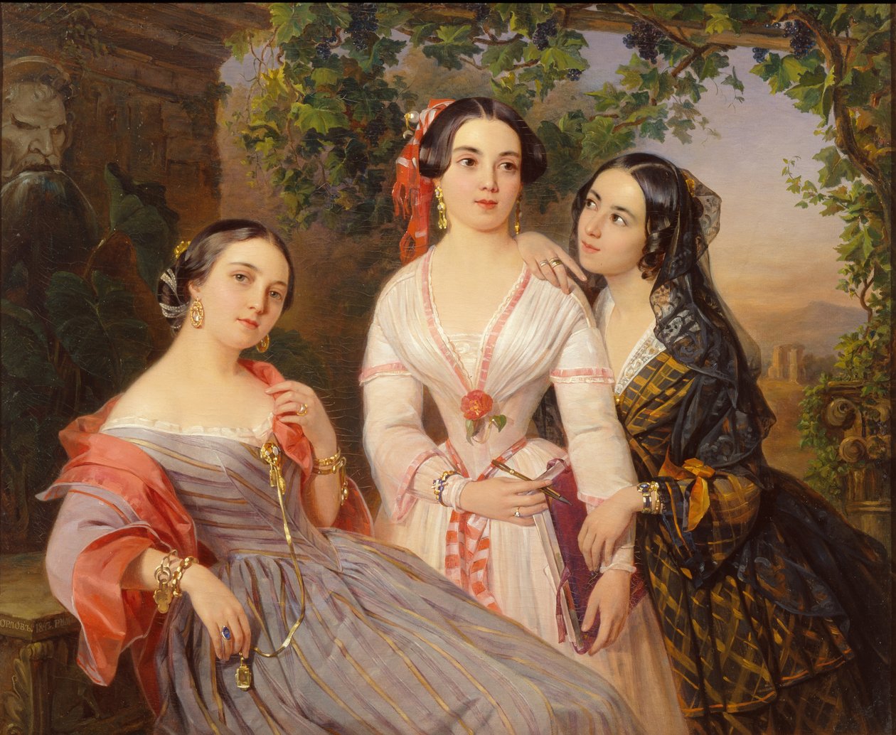 Portrét sester hraběnek Elizabeth Salis De Tournemire, Sofia Suchovo-Kobalina a Eudokia Petrovo-Solovo, 1847 od Pimen Nikitich Orlov