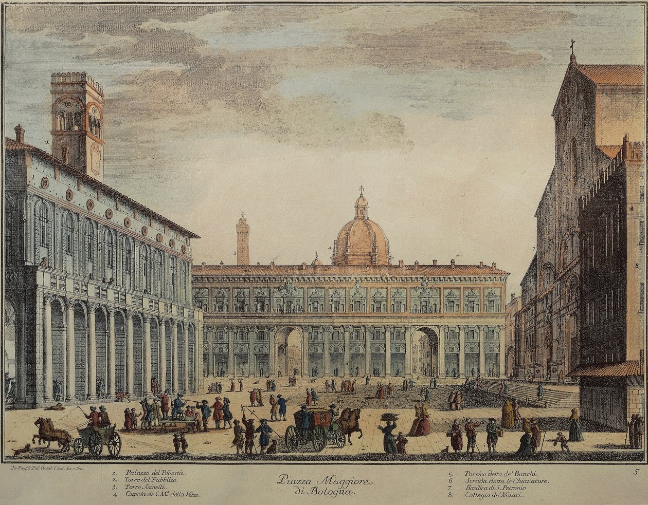 Itálie, Bologna, Piazza Maggiore nebo Piazza Grande, Pio Panfili, rytina od Pio Panfili
