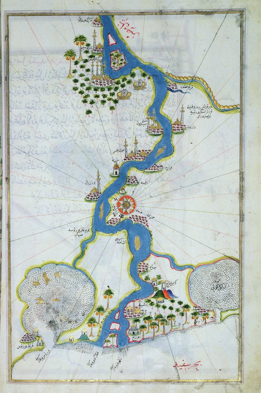 MS W.658 fol.304v Mapa Nilu z Kitab-I Bahriye (tempera, zlato a inkoust na papíře) od Piri Reis