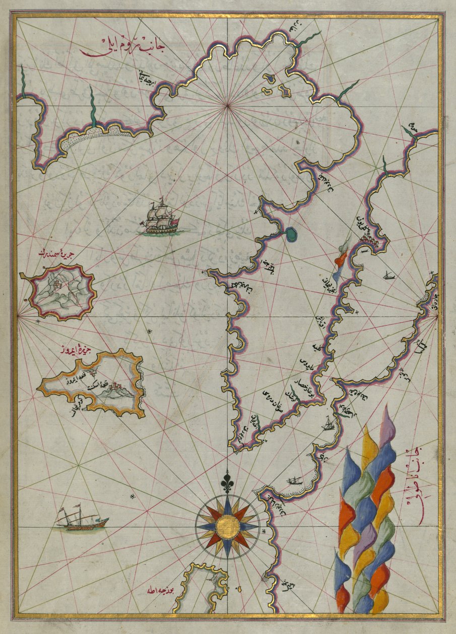 Mapa ostrovů Semendrek a Imroz v Egejském moři od Piri Reis