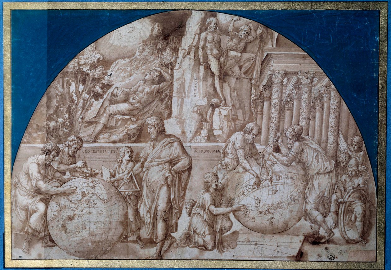 Alegorie astronomie. Vědci provádějí měření na pozemských glóbech. Kresba hnědým inkoustem od Pirro Ligorio (asi 1500-1583) Paříž 16. století, muzeum Louvre od Pirro Ligorio