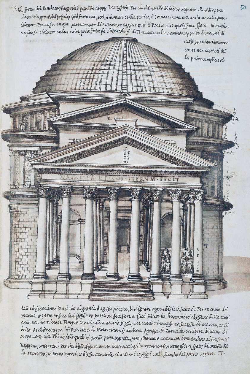 Pohled na Pantheon v Římě, kresba ze svazku XIII XXX Libri delle Antichita (Knihy starožitností) od Pirro Ligorio