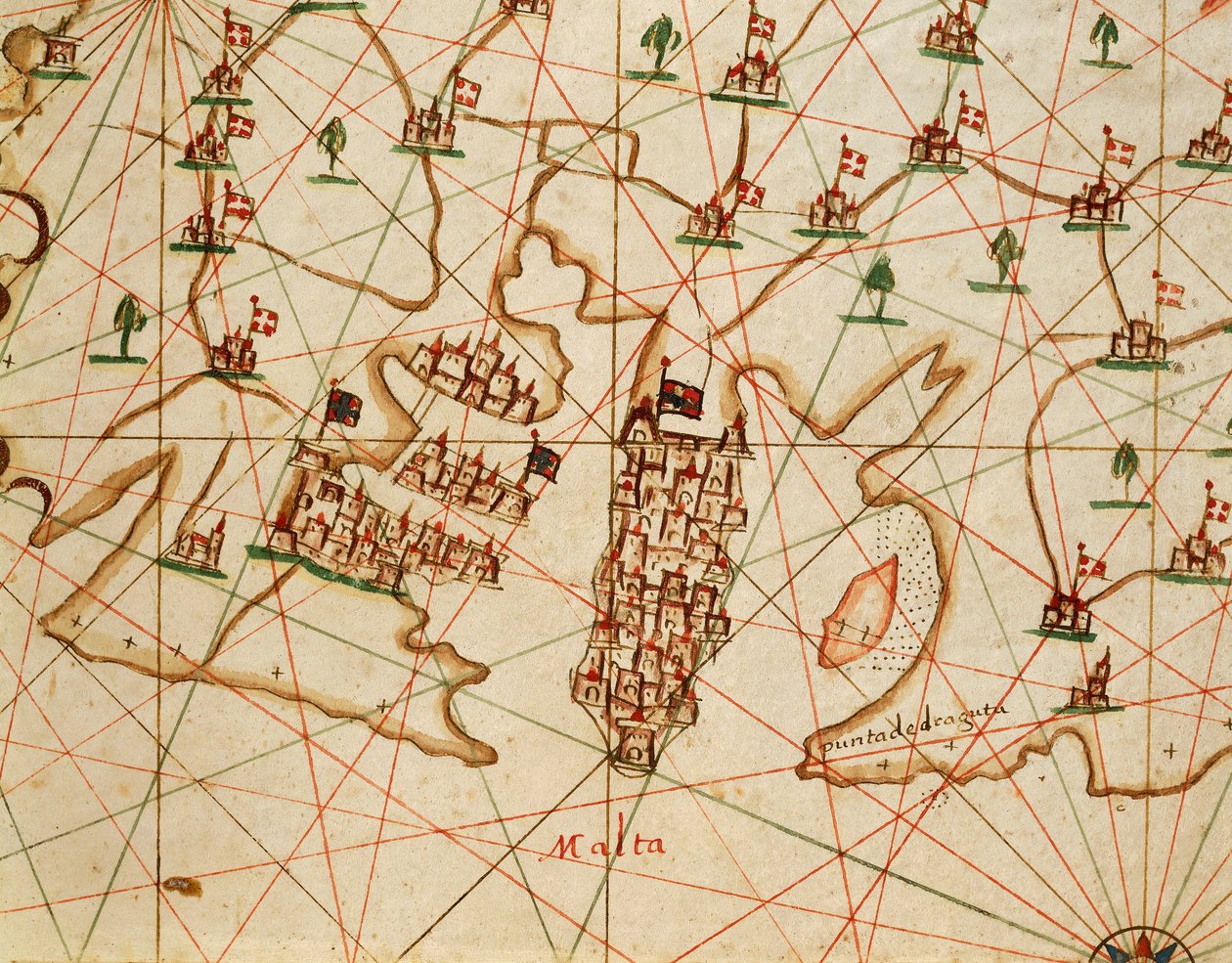 Ostrov Malta, z portolánského atlasu sestávajícího ze šesti map, od Placida Caloira a Francesca Olivy, Pergamen. 1646. od Placido Caloiro e Oliva