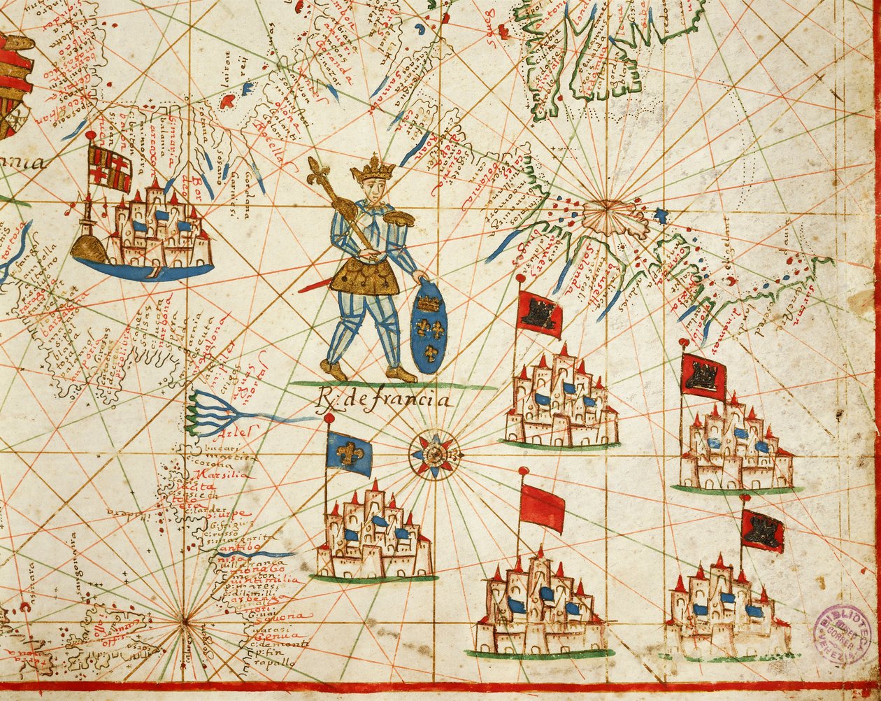 Francouzské království, z portolánového atlasu sestávajícího ze šesti tabulek, od Placida Caloira a Francesca Olivy, Pergamen. 1646. od Placido Caloiro e Oliva