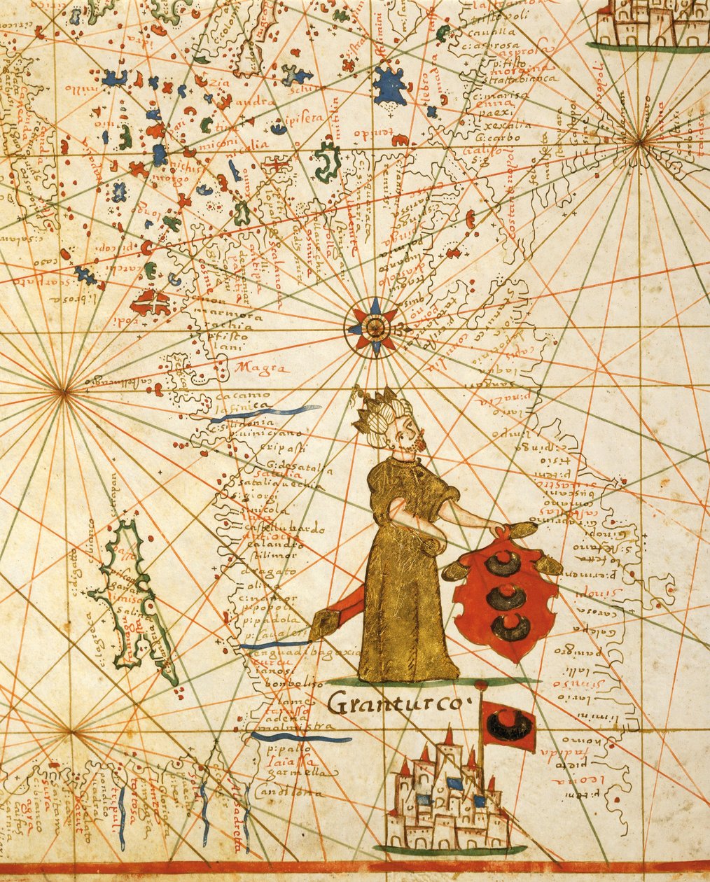 Osmanská říše, z portolánského atlasu sestávajícího ze šesti grafů, od Placida Caloira a Francesca Olivy, Pergamen. 1646. od Placido Caloiro e Oliva