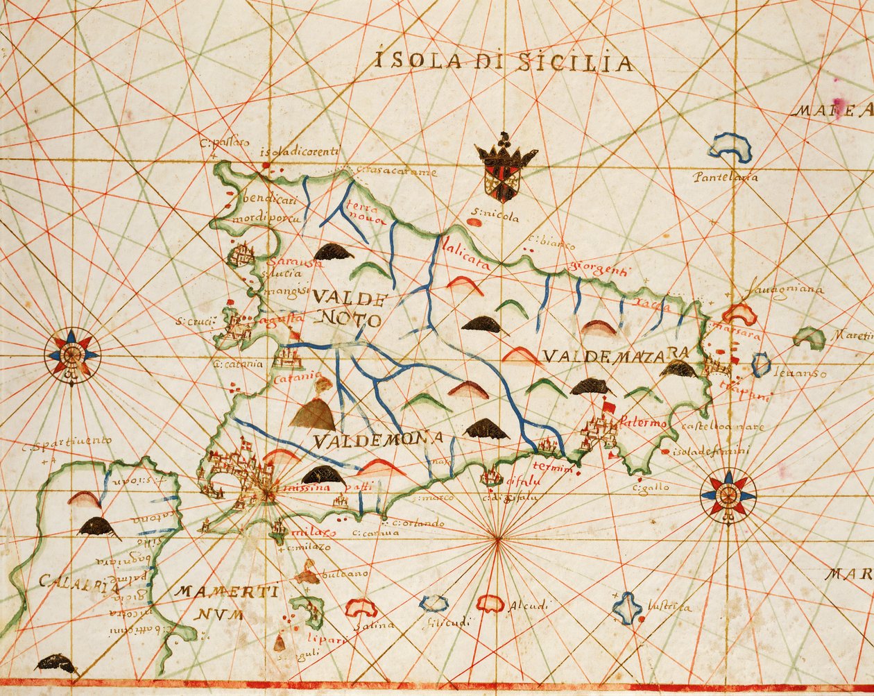 Sicílie z portolánského atlasu sestávajícího ze šesti grafů od Placida Caloira a Francesca Olivy, Pergamen. 1646. od Placido Caloiro e Oliva