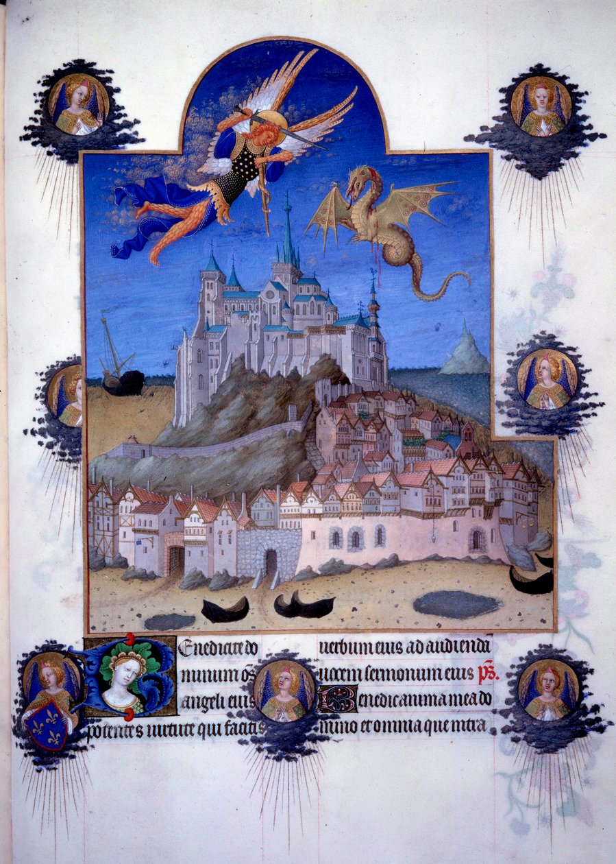 Pohled na Mont Saint Michel (Mont-Saint-Michel): archanděl Saint Michel a dračí křídlo jsou znázorněny bojujícími ve vzduchu. Vlámská miniatura z Pol de Limburg z „Knihy dobrých Maurů“ od Jacquese Velikého (1360-1415/1418), věnovaná Janovi od Pol de Limbourg