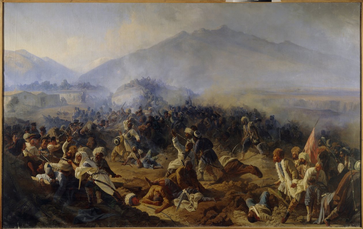 Obléhání Akhty v roce 1848. Bojová scéna v horách severního Kavkazu, mezi ruskou armádou a vojsky imáma Chamila (Šamila) (1797-1871), který vedl své válečníky v touze po nezávislosti az náboženských důvodů ( Džihád). Vymalováno od Polidor Ivanovich Babaev