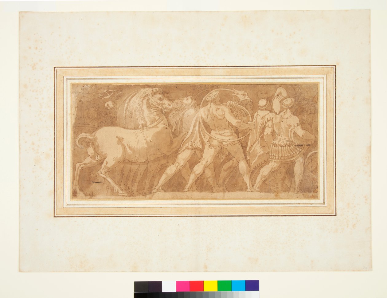 Vlys s částí římského triumfu (pero a hnědý inkoust a hnědé mytí) od Polidoro da (after) Caravaggio