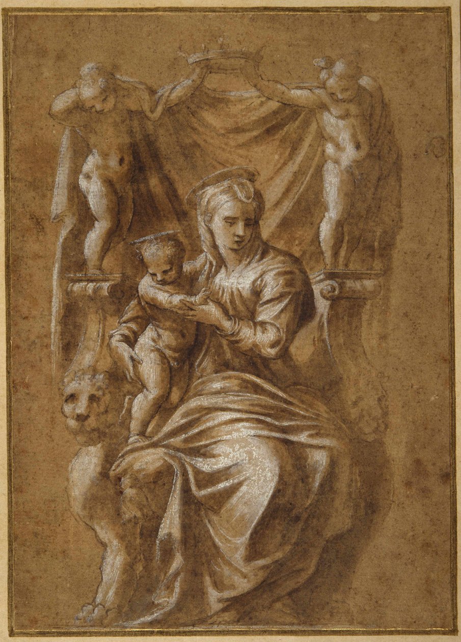 Madonna s dítětem trůnící (pero a hnědý inkoust s barvou těla na papíře) od Polidoro da (follower of) Caravaggio