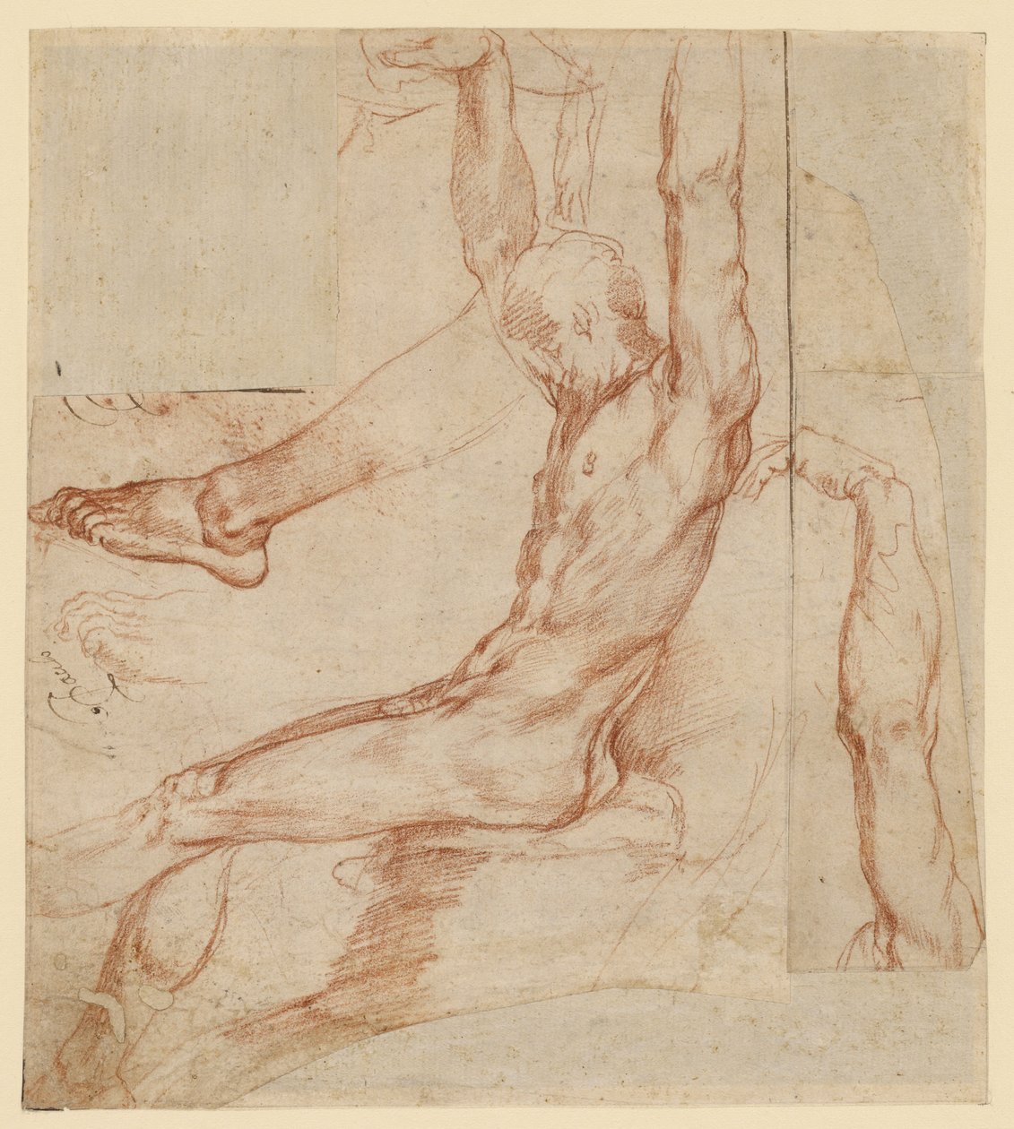 Studie muže s různými skicami (recto); studie mužské zahalené nohy (verso) od Polidoro da Caravaggio (Polidoro Caldara)