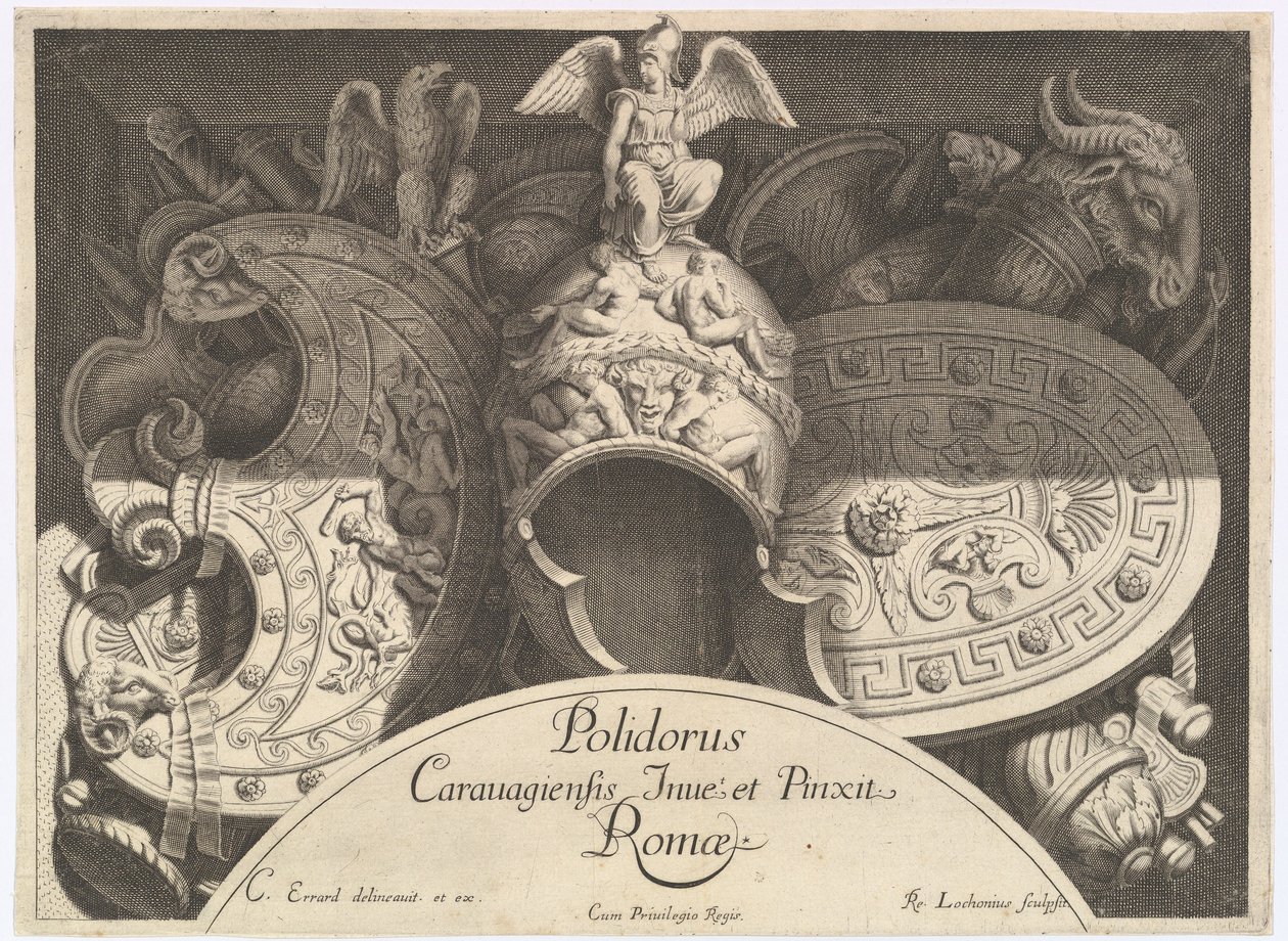 Divers Trophées Weapon Trophy po fasádě Palazzo Milesi v Římě, 1651 od Polidoro da Caravaggio