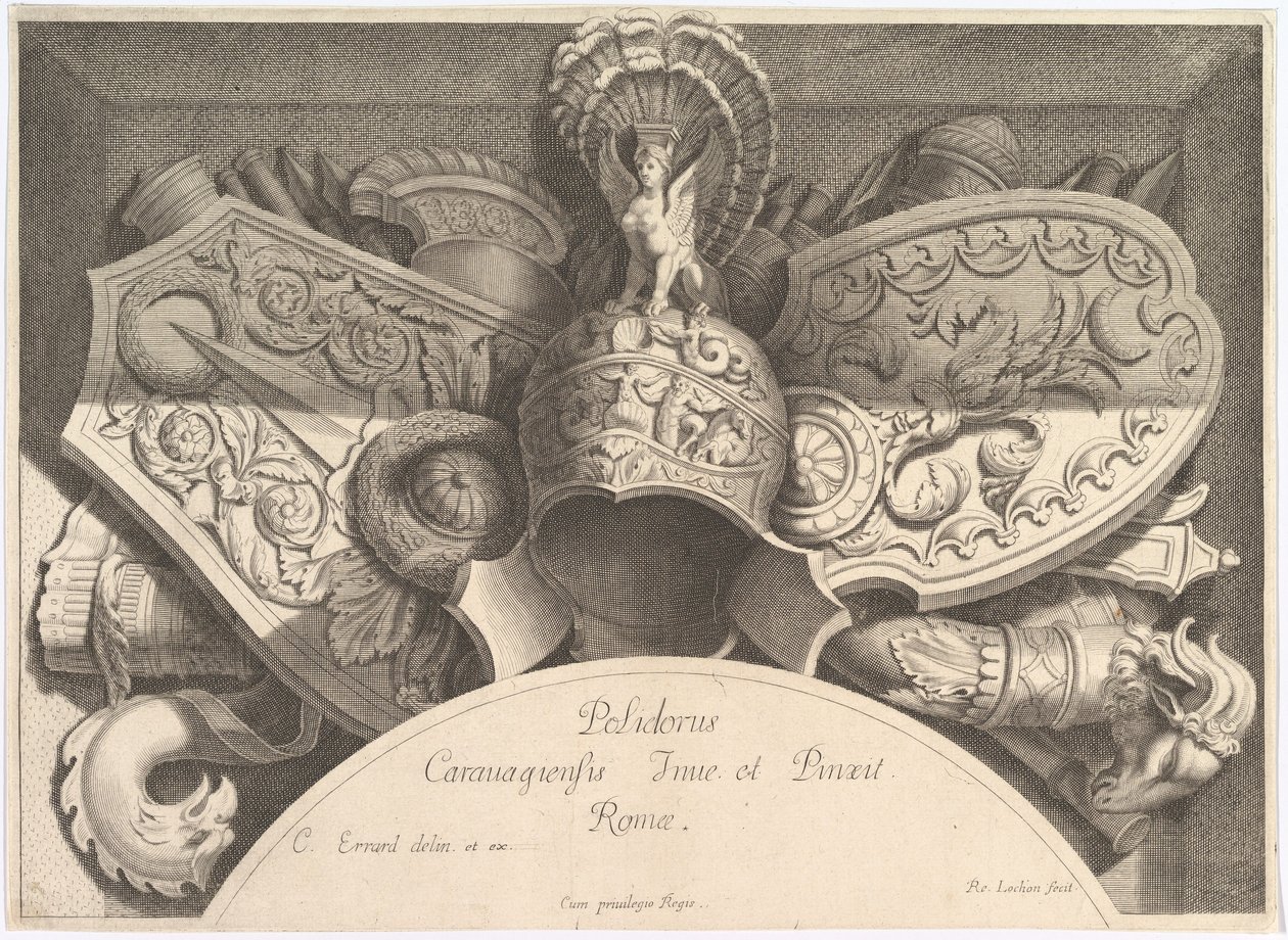 Divers Trophées Weapon Trophy po fasádě Palazzo Milesi v Římě, 1651 od Polidoro da Caravaggio