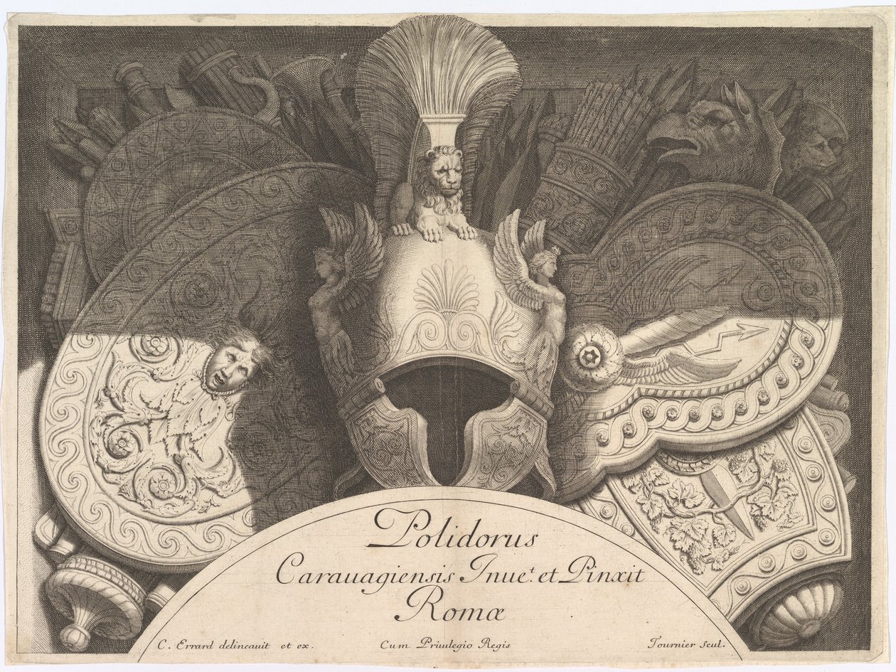 Divers Trophées Weapon Trophy podle fasády Palazzo Milesi v Římě, 1651. Tvůrci: Polidoro da Caravaggio, Rene Lochon. od Polidoro da Caravaggio