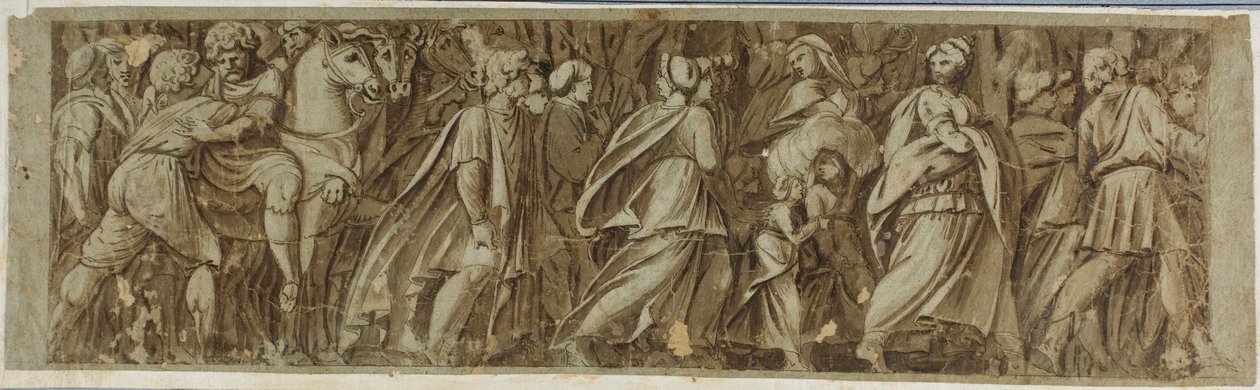 Sabines překračuje řeku Tiber, aby se zúčastnil římských her od Polidoro da Caravaggio