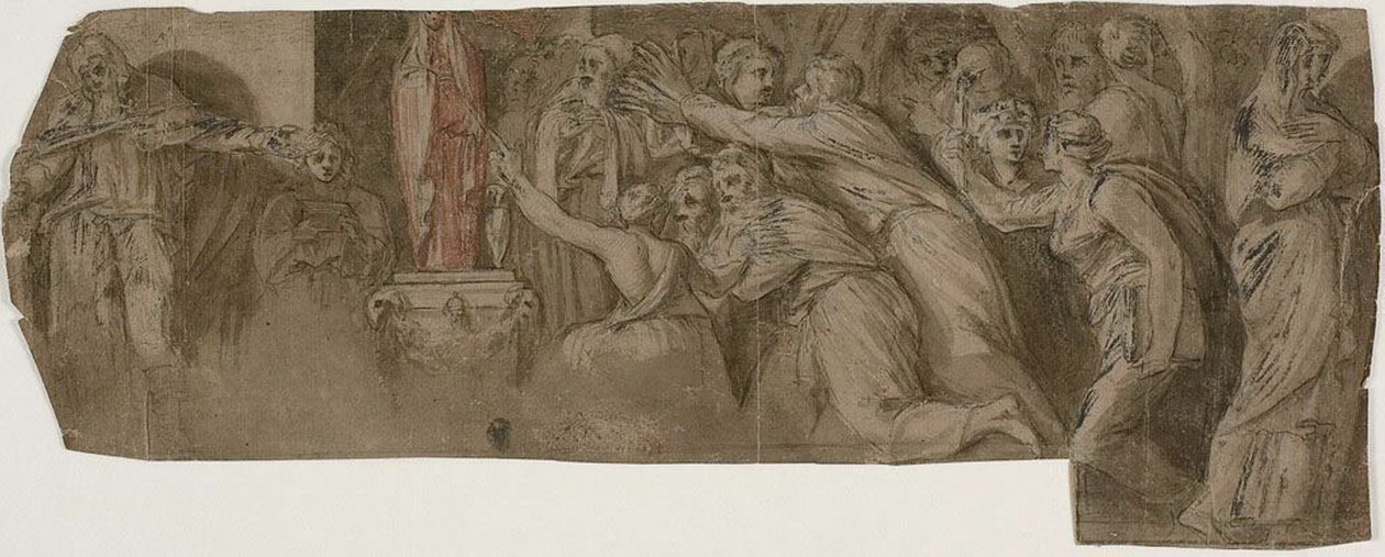 Příběh Niobe: Kněží a ctitelé před sochou Niobe od Polidoro da Caravaggio