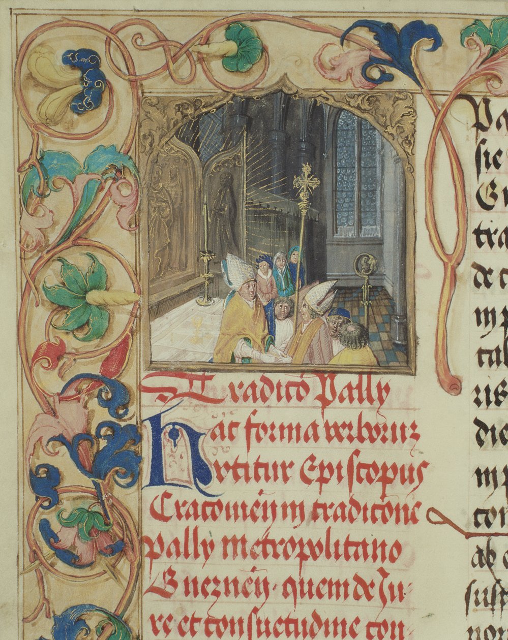 Biskup z Krakova předává pallium arcibiskupovi z Hnězdna od pontifikálu biskupa Erasma Ciolka kolem roku 1510 (tempera a zlato na pergamenu) od Polish School