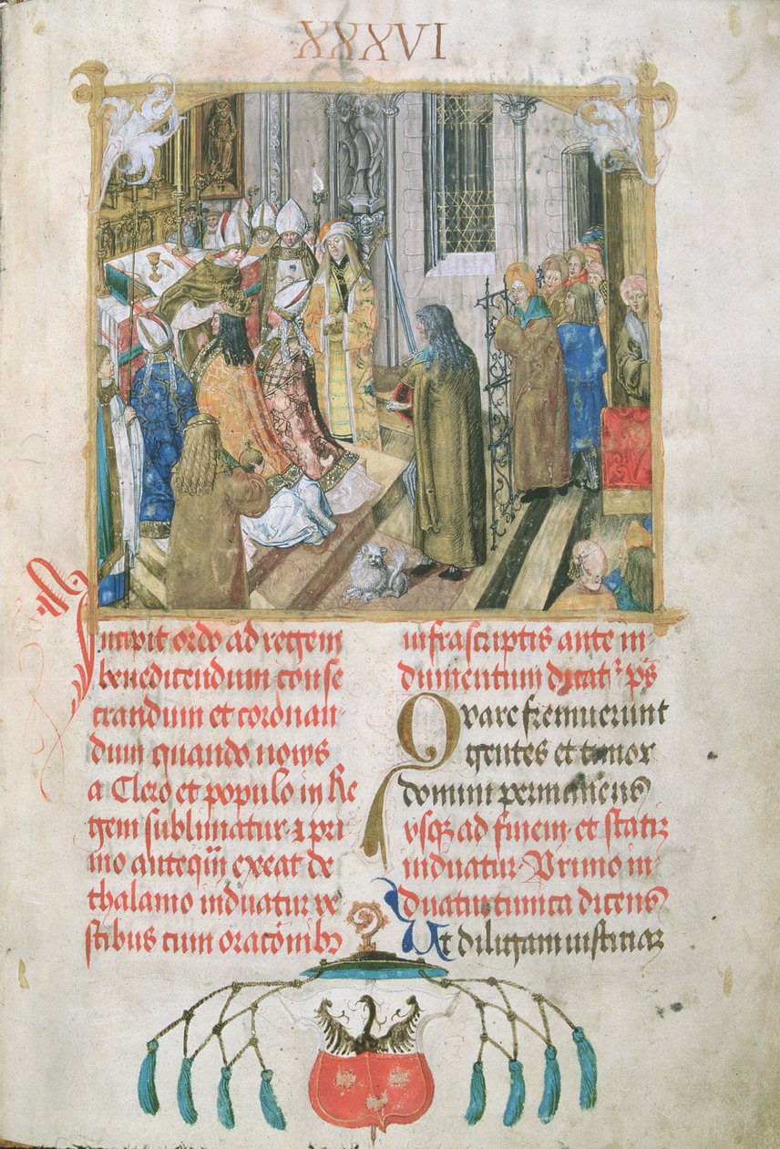 Korunovace polského krále Předávání insignií moci od pontifikálu biskupa Erasma Cioleka, kolem 1510 (tempera a zlato na pergamenu) od Polish School