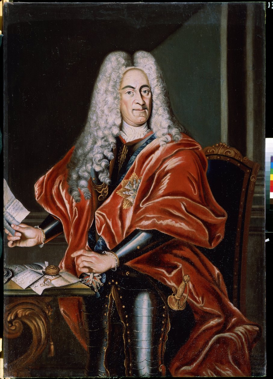 ""Portrait Of Aristocrat"" Portrét neznámého Poláka, pravděpodobně státníka, v bohatých poměrech, v paruce a ve zbroji. Nosí kříže řádu šlechty a předkládá dopis adresovaný velkému kancléři. Malovat od Polish School