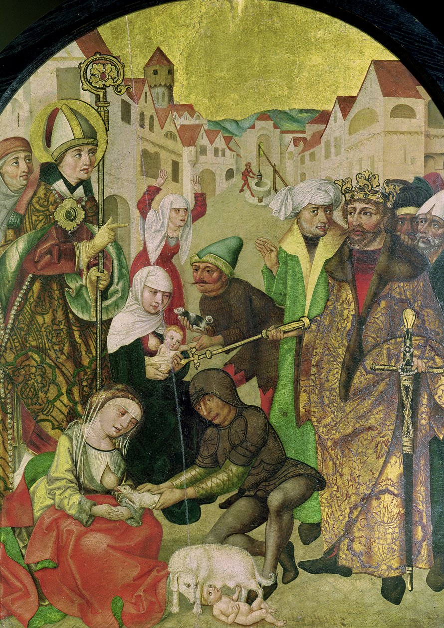 St. Stanislav (1030-79) sleduje trestání nevěrných manželek podle příkazu krále Boleslava II. (1039-81) panel z oltářního obrazu sv. Stanislava od Polish School