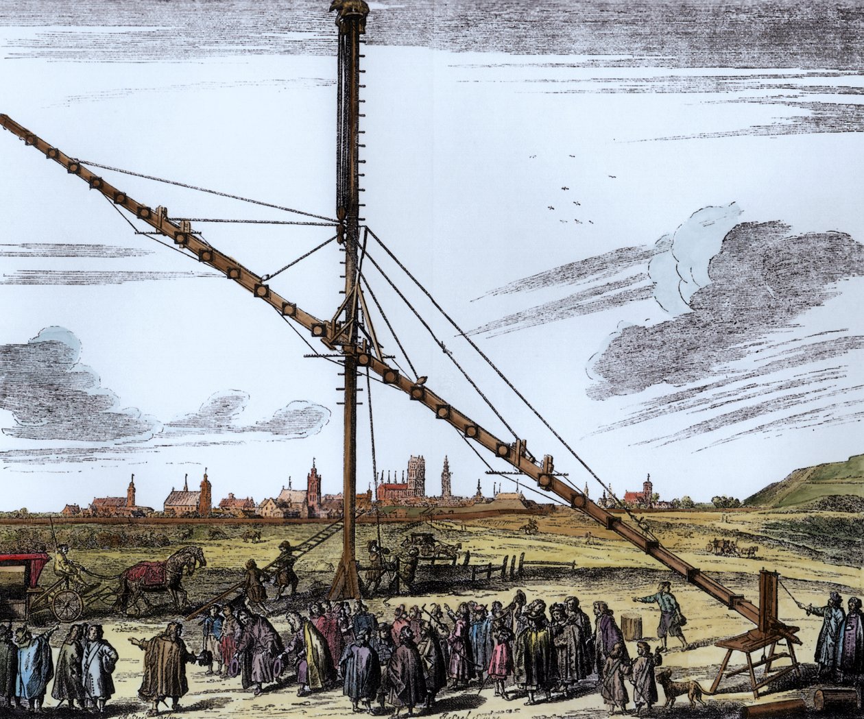 Velký astronomický dalekohled Johannese Heveliuse (1611-1687) ilustrace z Machina Coelestis od Hevelius, Gdaňsk, vydáno 1670 (později kolorování) od Polish School
