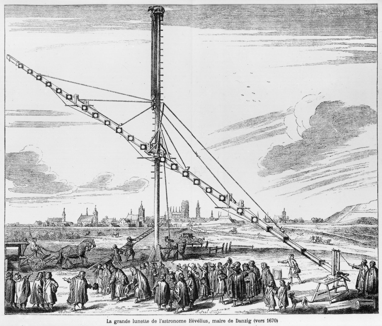 Velký astronomický dalekohled Johannese Heveliuse (1611-1687) ilustrace z Machina Coelestis od Hevelius, Gdaňsk, vydáno 1670 od Polish School