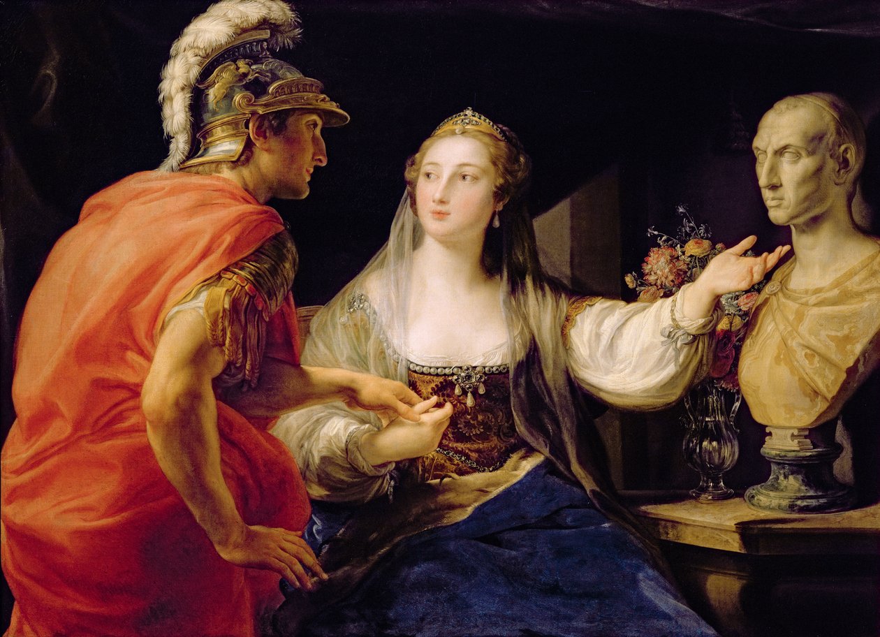 Kleopatra ukazuje Octaviovi bustu Julia Caesara od Pompeo Girolamo Batoni